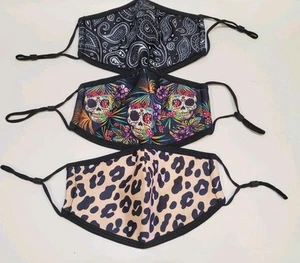 Fabric Face Masks x 3 Day of the Dead Jungle Leopard Print Black & White Paisley - Picture 1 of 5