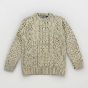Vintage 90s Wool Cashmere 3D Cable Knit Cream Fisherman Sweater Men's Large - Picture 1 of 9