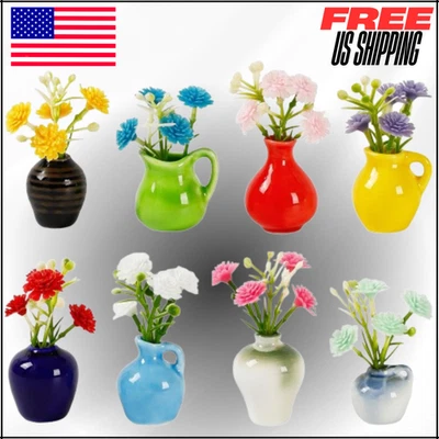 Mini imanes de jarrón de cerámica para nevera, 8 piezas con juego de flores artificiales de 16 piezas Foto 1 de 4