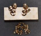 Vintage Gold Tone Pearl Brooch Pin and Earrings Set /with original box