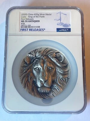 NGC MS 70 2020 China 420g Silver Medal Lions King of the Prarie First Releases - Image 1 of 2