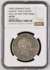 German States Saxony Thaler 1854-F Death of King Friedrich August II NGC AU58 - Picture 1 of 2