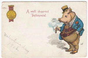 Well-Deserved Testimonial, Pig Hog Comic, Valentine Day 1906, Signed H Postcard - Picture 1 of 2
