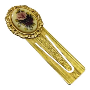Vintage Brass Gold Tone Floral Roses Bookmark - Imagen 1 de 12