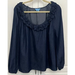 Draper James Chambray "Reyna" Top mit Rüschenausschnitt Langarm Größe 1X Neu ohne Etikett - Bild 1 von 7