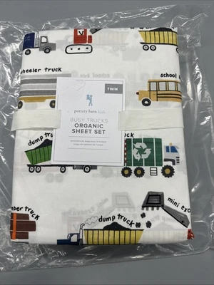 POTTERY BARN KIDS BUSY TRUCKS ORGANIC COTTON  SHEET SET - TWIN ~ New - Image 1 of 4