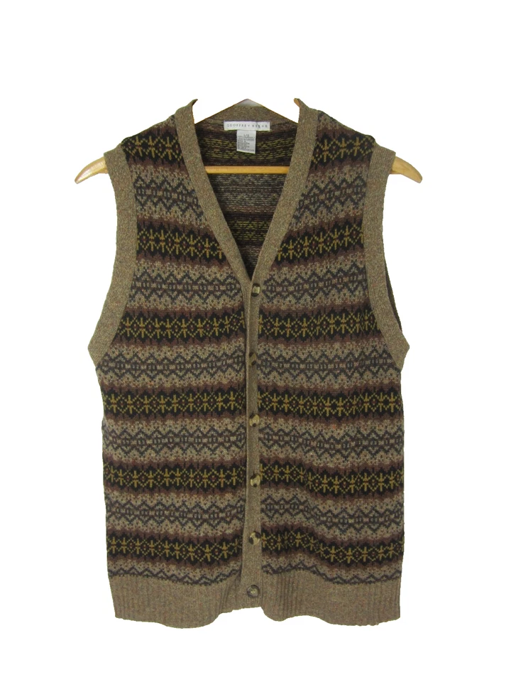 Chaleco Suéter Geoffrey Beene Para Hombres Grande Marrón Negro Lana de Cordero Isla Justa Botón Foto 1 de 4