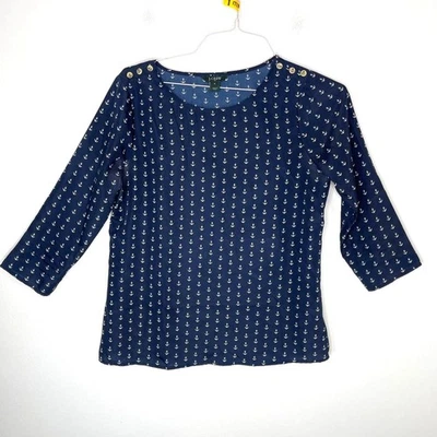 J. Blusa Crew Top feminina pequena azul marinho branco âncoras oceano náutico - Imagem 1 de 4