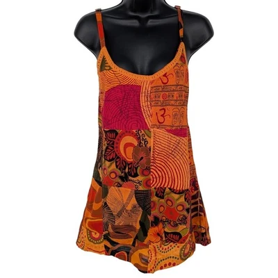 Boho пэчворк туника платье женщин размер S/M со сборками фестиваль Y2K Flowy хиппи искусства - Изображение 1 из 4