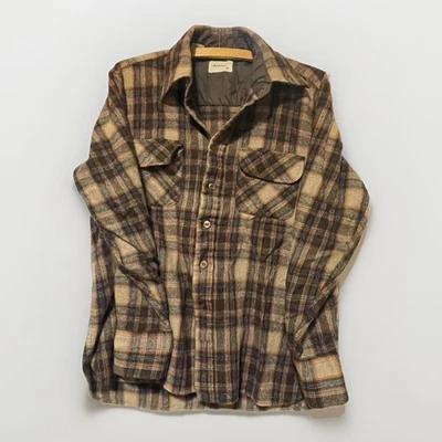 Vintage 70s Arrow Men’s Size M Wool Blend Tan Brown Flannel Plaid Button Shirt - Image 1 of 4