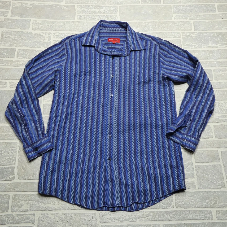 Emanuel Ungaro Shirt Mens Large Blue Herringbone Cotton Button Up Dress - Image 1 of 4