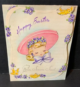 VTG Grinnell Embossed Easter Card Pretty Girl Big Pink Hat Birds Purple Flowers - Picture 1 of 3