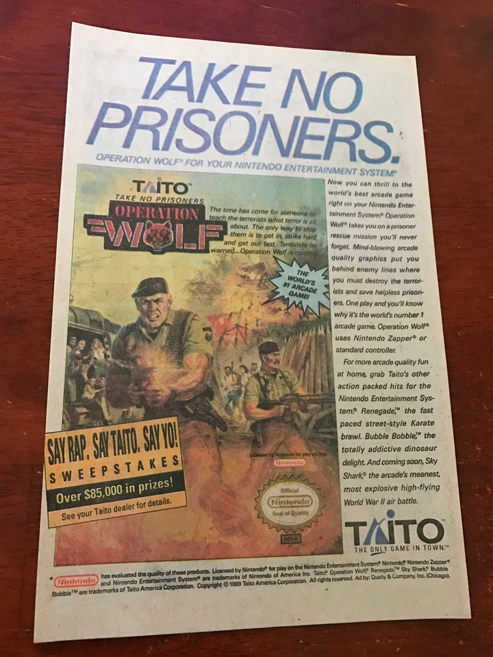 Anuncio de juego impreso cómic 1989 vintage 6,5x10 para Nintendo NES TAITO Operation Wolf Foto 1 de 1