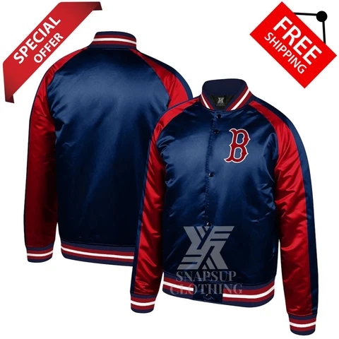 Boston Red Sox MLB Navy & Red Satin Raglan Full-Snap Bomber Letterman Jacket Cover