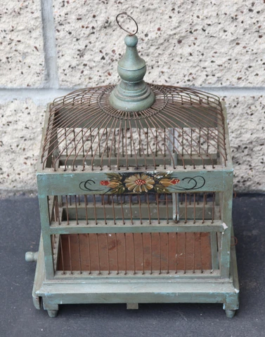 Antique Victorian Painted Wood Floral Bird Cage House w/ Bottom Tray Spring Door Cover