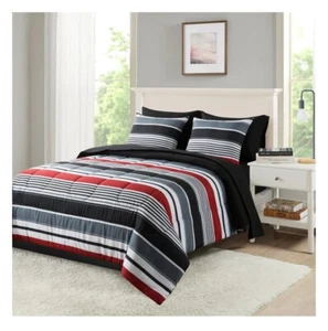 7 Piece Queen Size Comforter Set Bedding Sheets Pillow Shams Stripe Bedspread - Picture 1 of 11