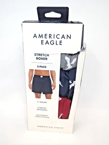 AMERICAN EAGLE STRETCH BOXER 3ER PACK HERREN MEDIUM ROT BLAU GRAU LOGO 4" INNENNAHT NEU - Bild 1 von 3