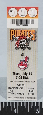 Pittsburgh Pirates Cleveland Indians Baseball Ticket July 15 1999 Three Rivers 1 Cover