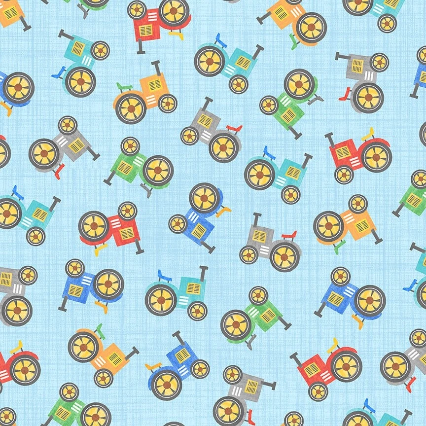 Nursery Fabric | Blank Oink Moo Cock-a-doodle-doo Tractor Toss Blue YARD - Image 1 of 1