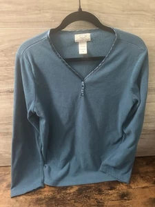Oscar de la Renta Pullover Oberteil Gr. Medium Damen Langarm, 1/4 Knopf, blau - Bild 1 von 3