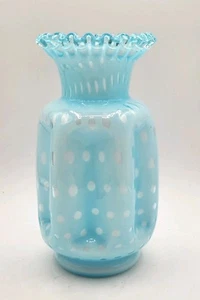 Fenton Bubble Optic Honeycomb Pinch Vase Blue Ruffled Crimped Edge - Picture 1 of 10