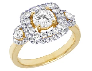 14K Yellow Gold 3 Stone Double Halo Semi Mount Engagement Ring 7/8 CT - Picture 1 of 6