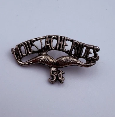 Vintage Style MOUSTACHE RIDES 5¢ Funny Biker Novelty Lapel Pin Badge Heavy Metal - Image 1 of 3