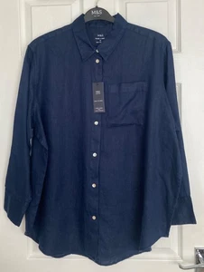 NUEVA M&S Damas Azul Marino Lino Puro Camisa De Gran Tamaño Talla 16 - Imagen 1 de 3