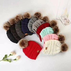 C.C Thick Cable Knit Faux Fuzzy Fur Pom Fleece Lined Beanie - Picture 1 of 7