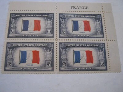 USA Scott #915 1943 5 Cent Overrun Country FRANCE Imprint Block of 4 Free Ship - Image 1 of 2