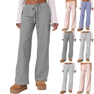 Women's Wide Leg Striped Pants Casual Drawstring Elastic Lounge Pajama Trousers - Picture 1 of 25