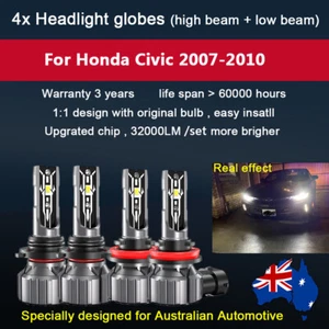For Honda Civic 2007-2010 4X 1:1 32000LM Headlight Globe High Low Beam white kit - Picture 1 of 9