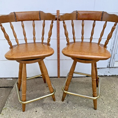 2 Matching Barstool Swivel Vinyl Hard Wood Stool Mid-Century Country Vintage Cover