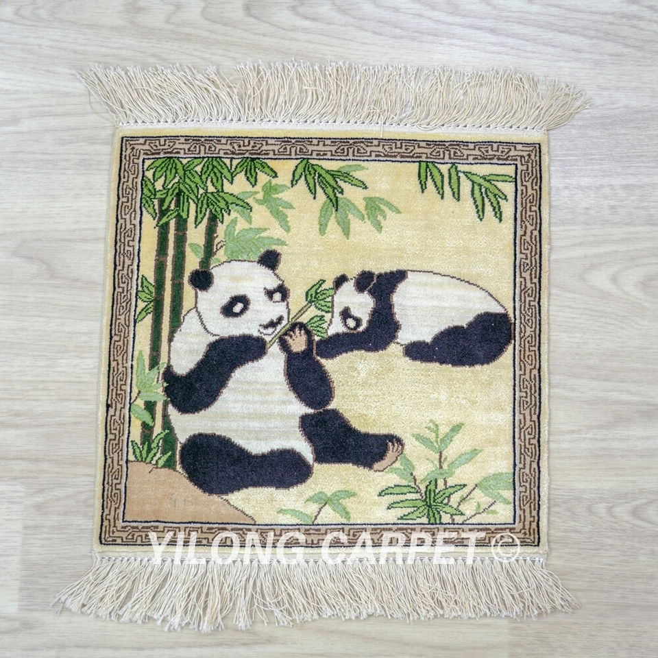 1'x1' Small Handmade Silk Carpet Panda Tapestry High Density Indoor Rug 018H - Image 1 of 4