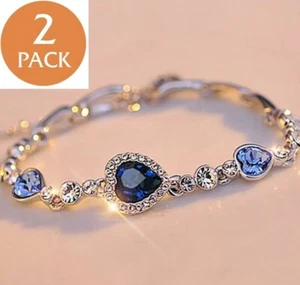 2x Moda Mujeres Niñas Azul Cristal Joyería Plateado Dije Pulsera Brazalete - Imagen 1 de 6