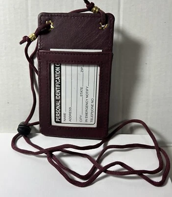 Leather Neck Strap ID Badge Card Holder Pouch Wallet Burgundy Tag Press Pass New - Image 1 of 4