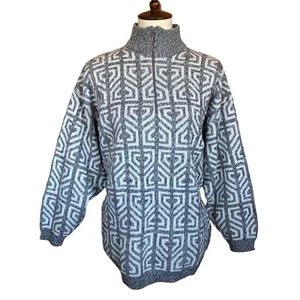 Vintage L Large Acrylic Sweater A Benedetto Pullover Gray White Print - Picture 1 of 12