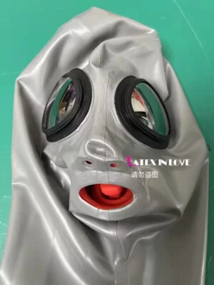 Silver Latex Hood Mask Eye Glass Lens Long Nose Tube and Red Teeth 0.4mm - Image 1 of 4