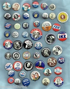 #D229. COLLECTION OF 51 REPRODUCTION USA HISTORICAL POLITICAL TIN BADGES - Picture 1 of 1
