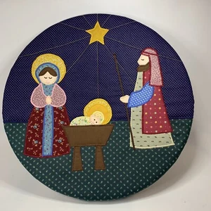 Vtg Christmas Nativity Scene Embroidery Wooden Round Ring 15" Diameter Handmade - Picture 1 of 10