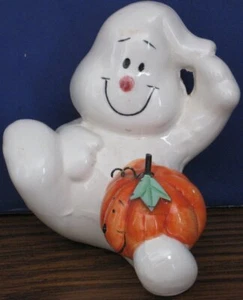 Ceramic Smiling Halloween Ghost with Jack O Lantern Figure / Figurine 3.5" - Picture 1 of 8