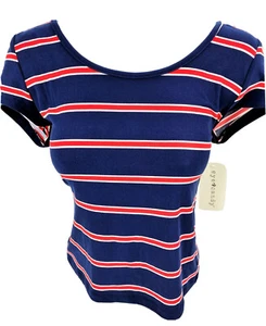 Junior Large Eye Candy Stretch Crop T Shirt Back Straps Blue Red Stripe Scoop - Picture 1 of 3