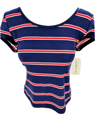 Junior Large Eye Candy Stretch Crop T Shirt Back Straps Blue Red Stripe Scoop  - Image 1 of 3