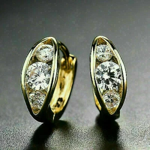 1.80 Ct Round simulated Diamond Hoop/Huggie Earrings Women's Yellow Gold plated - Picture 1 of 3
