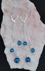 Blue Hematite Bead , 7cm Long, 925 Silver Leverback Earrings.Handmade + Gift Bag - Picture 1 of 5