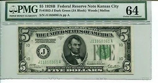 FR 1952-J 1928B $5 Federal Reserve Note 64 Choice Uncirculated - Image 1 of 1