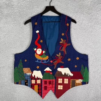 Vintage Christmas Holiday Vest 90s Women's XL Santa All Over Print Double Sided - Image 1 of 4