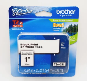 New Brother P-Touch TZe Tape, 1" Black Print on White Tape TZe-251 - Picture 1 of 2