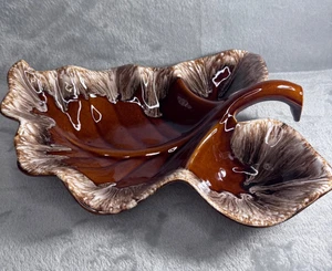 Vintage MCM HULL Keramik ofenfest USA braun Tropfblatt Chip & Dip geteilt Tablett - Bild 1 von 12