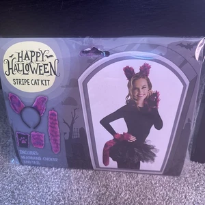 Striped Cat Accessory Costume Kit Headband Gloves Tail. Pink-Purple. Halloween - Picture 1 of 2